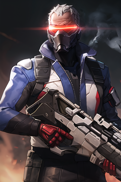 4291412105-758163513-soldier76 mask, glowing visor, jacket, upper body, holding gun, assault rifle, weapon, smoke, low light, best quality,.png